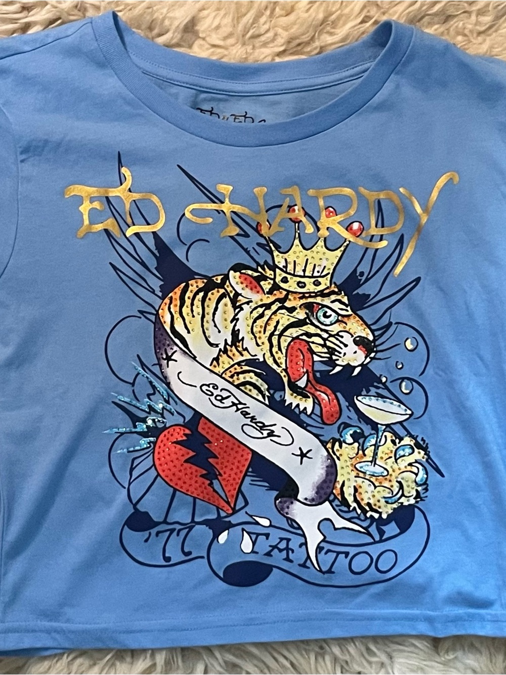 Ed Hardy Powder Blue Graphic Tee with Tiger Design